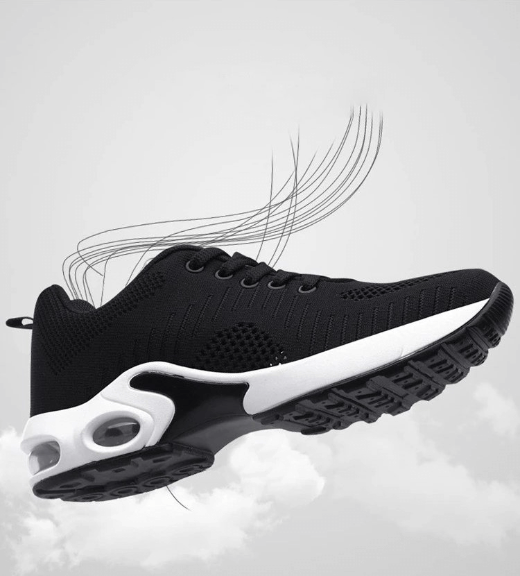 Sports breathable women's running shoe in black, featuring flexible mesh design and cushioned sole for comfort and support.